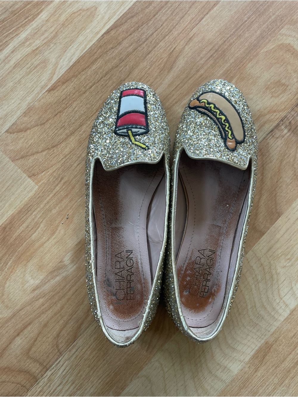 Chiara Ferragni Gold Glitter Loafers with Hot Dog & Rocket Patches